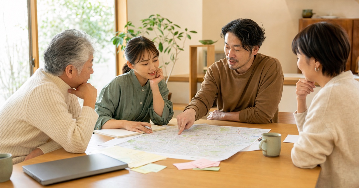 世代の異なる4人が、紙の地図を囲んで話し合うYORIAIの寄合