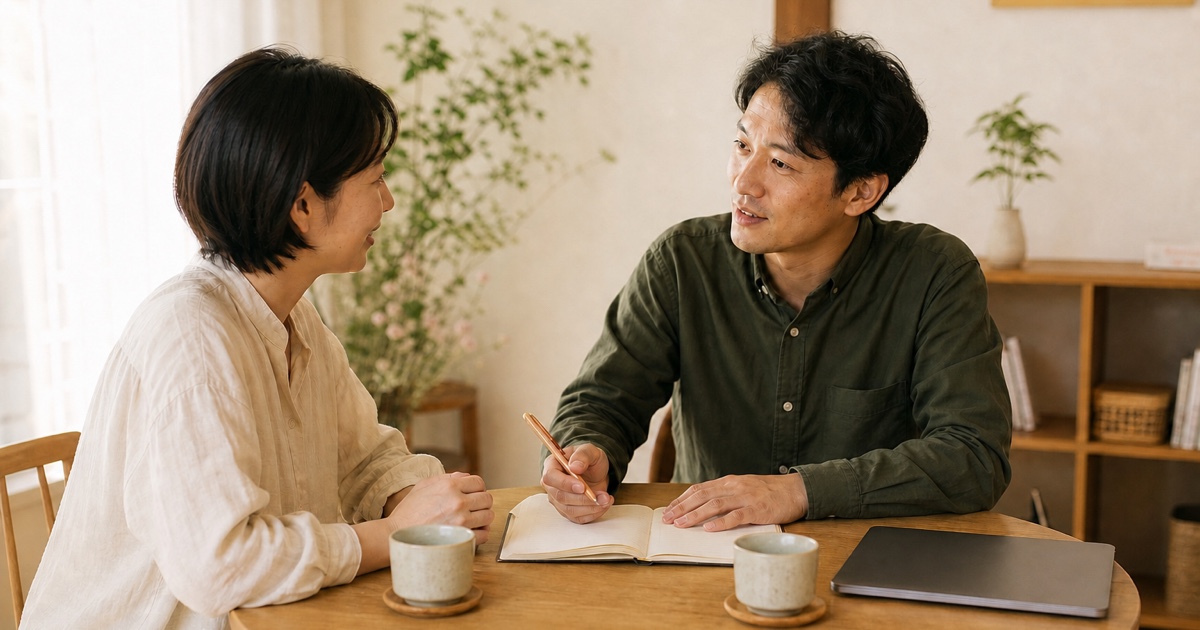 相談者と担当者が、ノートとお茶を前に話す初回相談