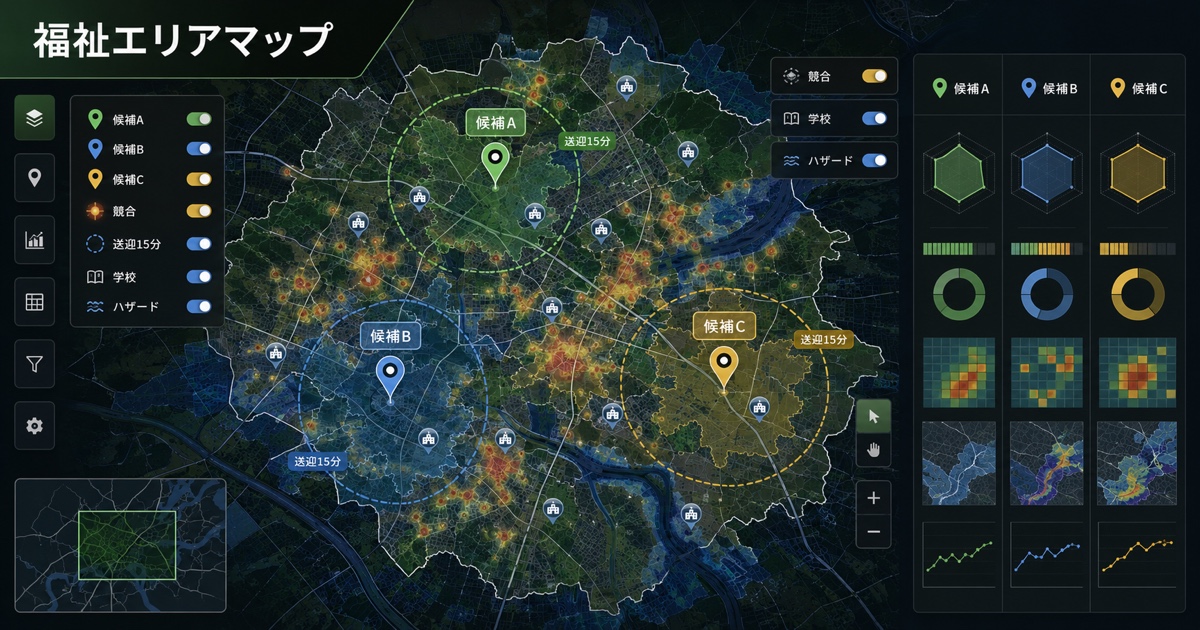 競合、送迎15分、学校、ハザードを重ねた福祉エリアマップの分析画面