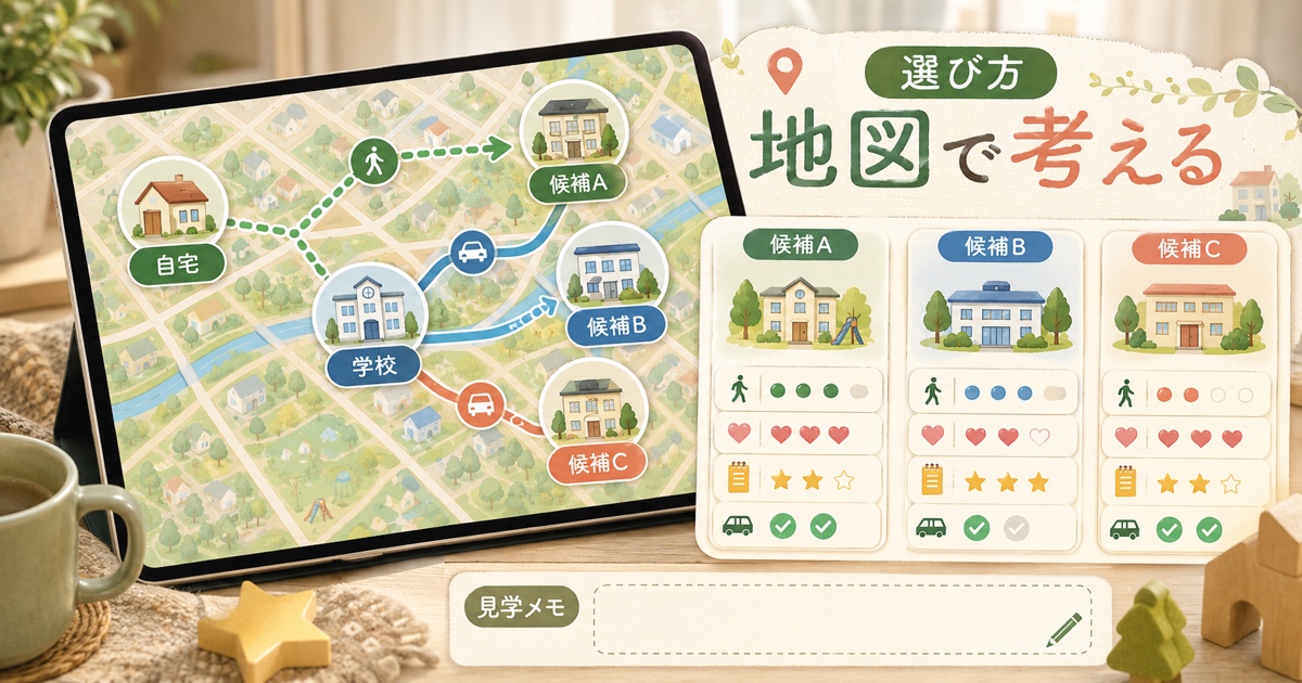 自宅、学校、候補AからC、見学メモを地図と比較カードで整理した放デイ選びのイメージ