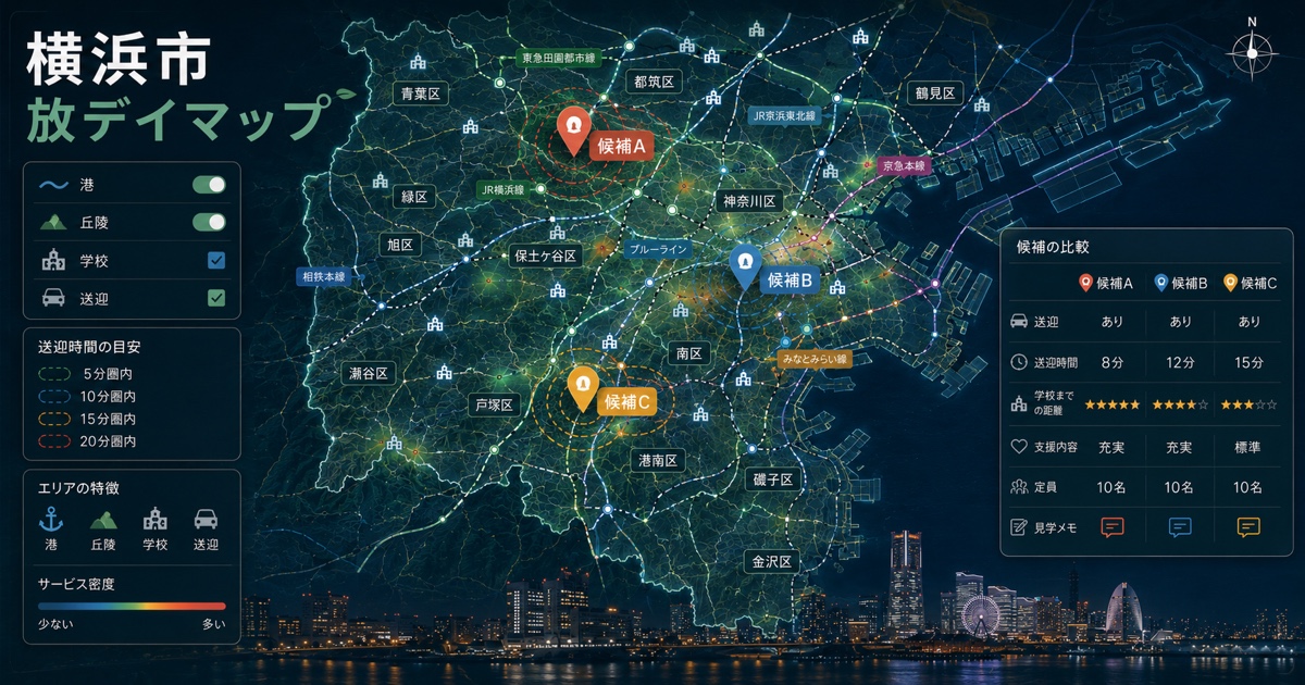 横浜市の港、丘陵、学校、送迎エリアを重ねた放デイマップ