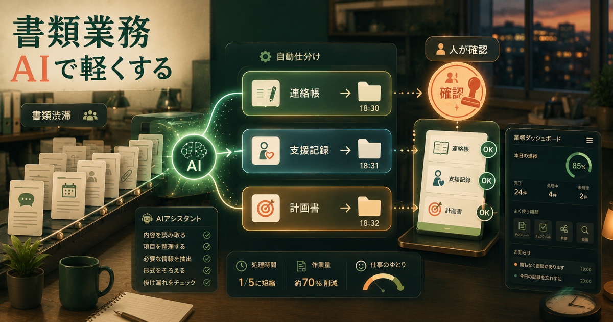 連絡帳、支援記録、計画書をAIで仕分けて人が確認する書類業務の処理ライン