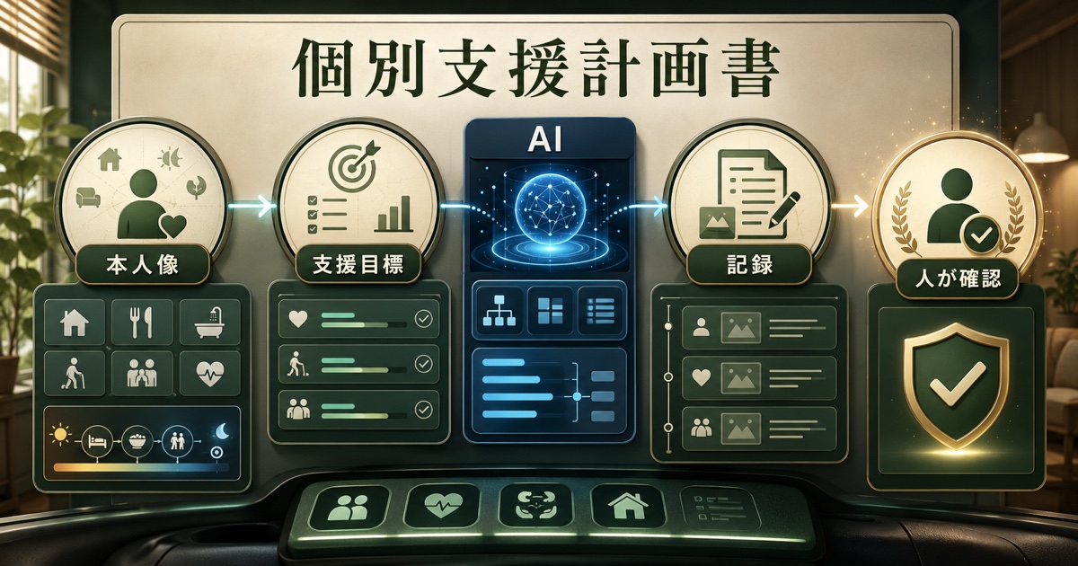 本人像、支援目標、記録、AI、人が確認の流れを示す個別支援計画書の作成画面