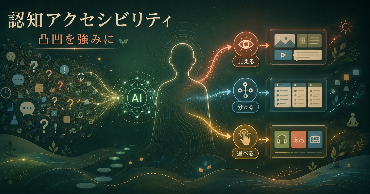 認知アクセシビリティとして見える、分ける、選べる流れをAIが支える抽象イメージ